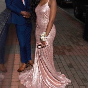 Rose Gold Mermaid Style Prom Dress w/ Open Back